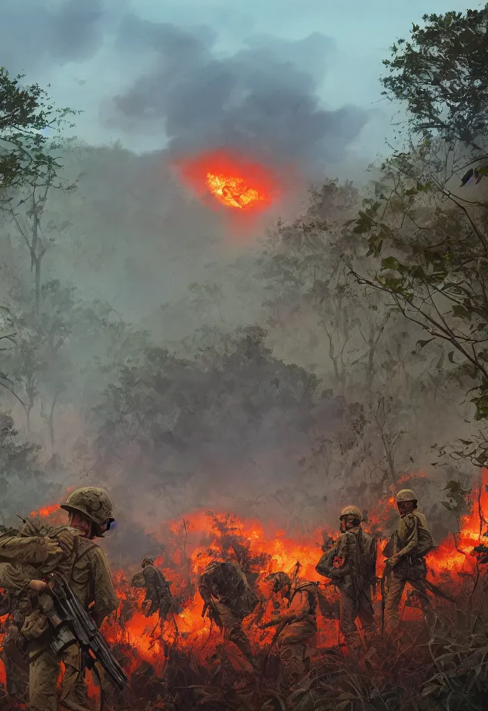 Image similar to handmade illustration of an epic Vietnam war scene with only one american soldiers stand still, the jungle at the background, some smoke and fire, blue sky with dramatic clouds, line art, ballpoint, oil on canvas by Kilian Eng and by Jake Parker, heavy brushstrokes, winning-award masterpiece, fantastic, octane render, 8K HD Resolution, High quality image