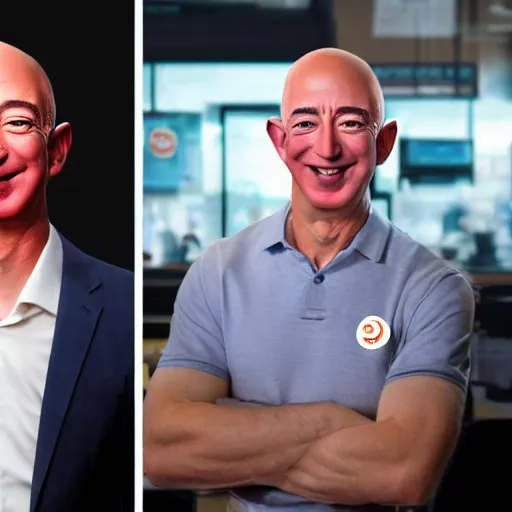 Prompt: 8k hyper realistic HDR portrait photo of Dunkin Donuts employee with Jeff Bezos’ face