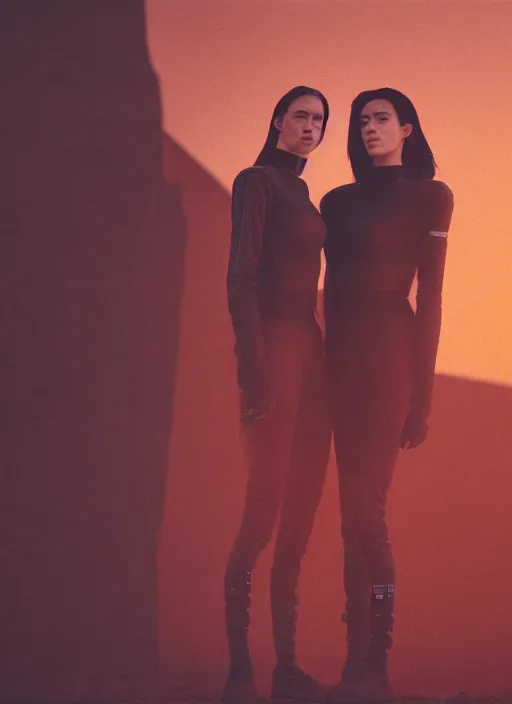 Image similar to cinestill 5 0 d f / 3 2 3 5 mm photographic portrait of two loving female androids wearing rugged black techwear on a desolate plain with a brutalist monument and a red sky, extreme closeup, cyberpunk style, dust storm, 8 k, hd, high resolution, ultra realistic faces, ex machina