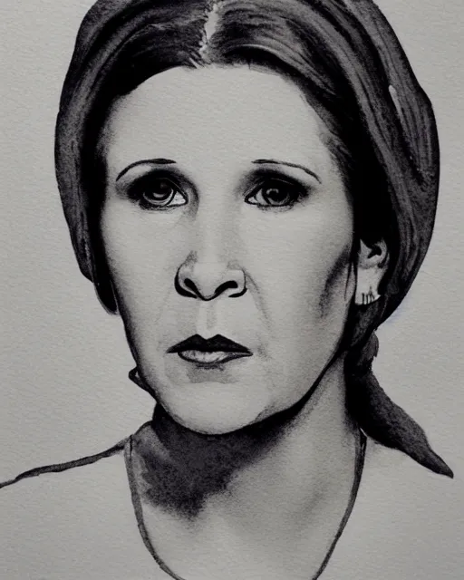 Prompt: a monochrome watercolor portrait of carrie fisher