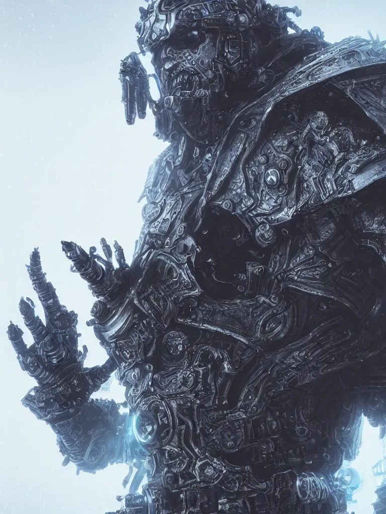 Image similar to hyper - realistic ultra - detailed 3 d render of a cyberpunk lich king by gleb alexandrov and beeple, intricate, octane render, unreal engine, ray tracing, trending on artstation