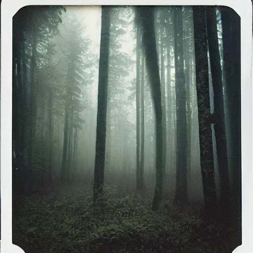 Image similar to you are lost in the forest, polaroid, surrended, foggy