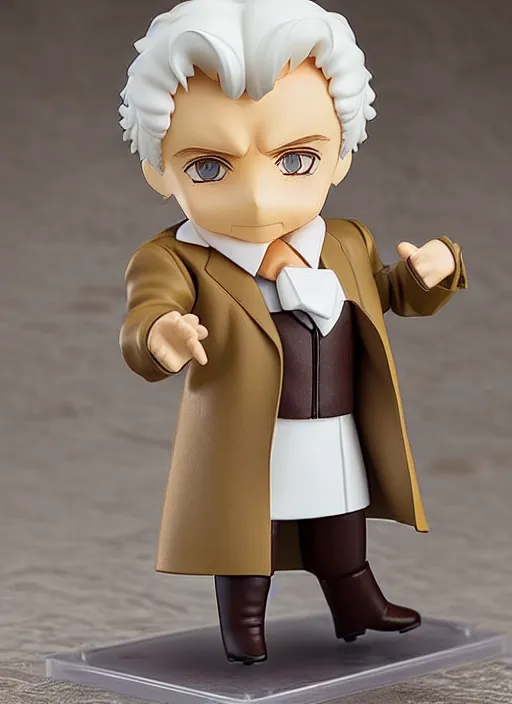 Prompt: nendoroid aziraphale from good omens, good omens tv series, white curly short hair, beige suit, long coat, brown tartan vest, michael sheen