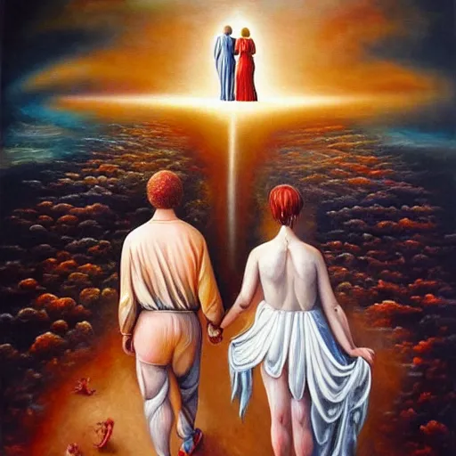 Prompt: couple walking hand in hand, in heaven and hell at the same time, surrealistic oil painting, beautiful, intricate, hell in the bottom, heaven in the top, very detailed