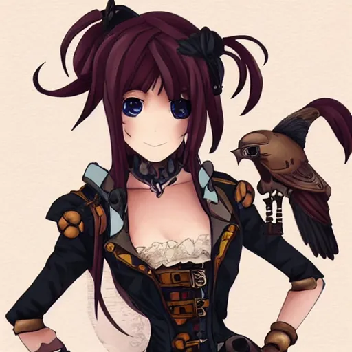 Image similar to steampunk themed anime girl with a steampunk robotic crow on her shoulder, finely detailed, portrait, beautiful, cinematic lighting,