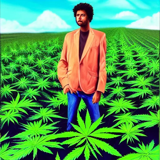 Prompt: a high detailed oil painting of knight holding a cannabis leaf in a field of cannabis plants. vaporwave. colorful. trending on artstation