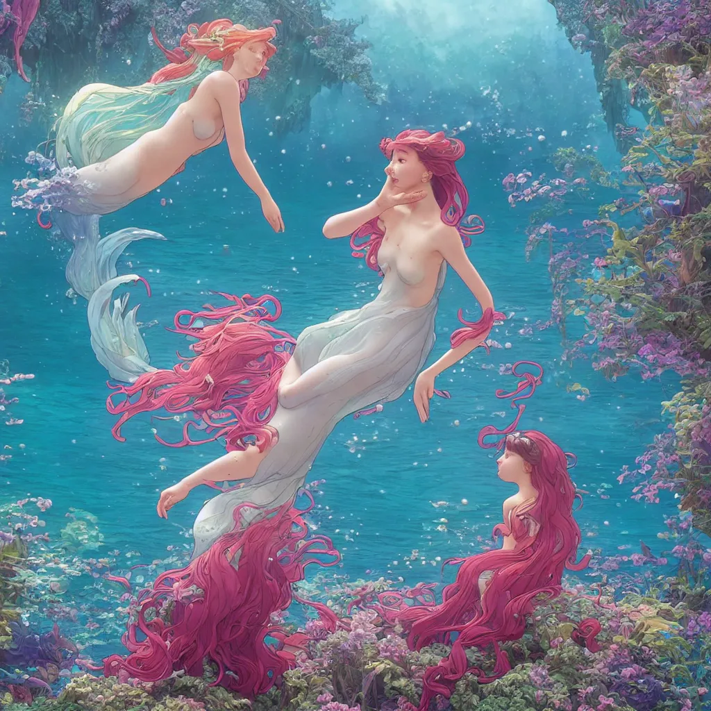 Prompt: a little mermaid in a long dress singing in the colorful ocean, correct human body and perspective, pearls and shells, fantasy art by ferdinand knab, makoto shinkai and ilya kuvshinov, rossdraws, tom bagshaw, alphonse mucha, trending onstudio ghibli, radiant light, highly detailed, octane render, 8 k