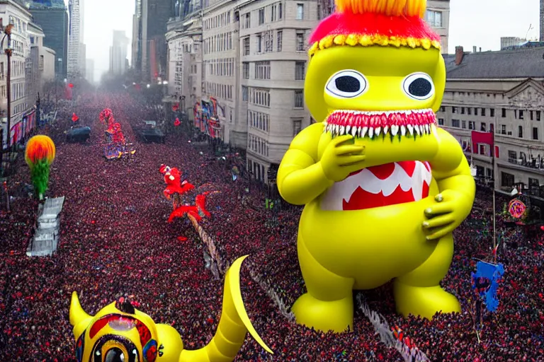 Image similar to photo of giant cute elaborate parade float character designed by ( ( ( ( ( ( ( ( giger ) ) ) ) ) ) ) ) and wes anderson!!!!!!!!!!!!!!, in the macys parade, detailed 4 k photo,