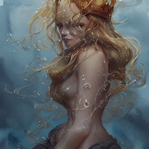 Image similar to The shining golden queen of jellyfish soars in the thick gray stormy ocean artstation , watercolor, highly detailed, portrait, by krenz cushart