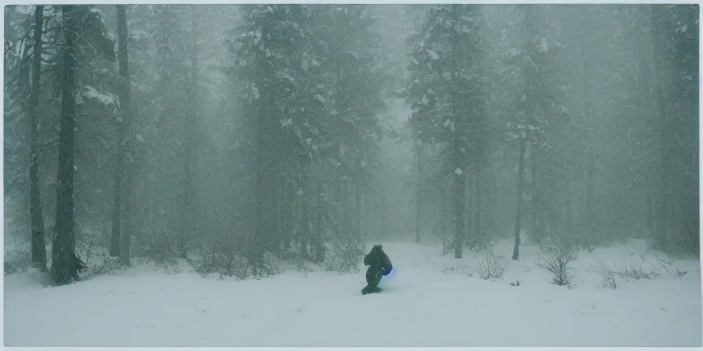 Image similar to photo, bigfoot is in the distance. cold color temperature, snow storm. hazy atmosphere. humidity haze. kodak ektachrome, greenish expired film, award winning, low contrast