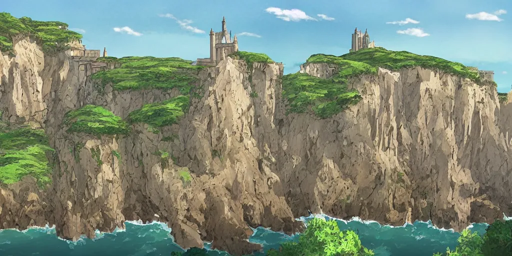 Image similar to A university built on the cliffs above the ocean, all from dark stone, with tall towers, art by Hayao Miyazaki, art by Studio Ghibli, anime
