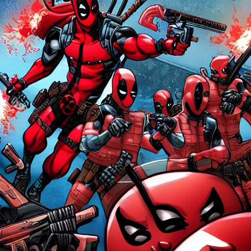 Prompt: Deadpool in a pool of Deadpools, comic art, digital art, detailed, professional