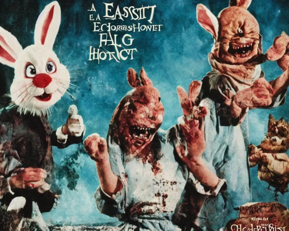 Image similar to a horror movie poster featuring the easter bunny fighting gilbert gottfried