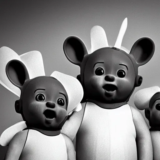 Image similar to black and white distorted Teletubbies with wide open human realistic eyes, highly detailed, sharp focus, octane render, noisy image