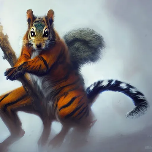 Prompt: Squirrel/tiger, ferocious, angry, magic the gathering artwork, D&D, fantasy, cinematic lighting, centered, symmetrical, highly detailed, digital painting, artstation, concept art, smooth, sharp focus, illustration, volumetric lighting, epic Composition, 8k, art by Akihiko Yoshida and Greg Rutkowski and Craig Mullins, oil painting, cgsociety