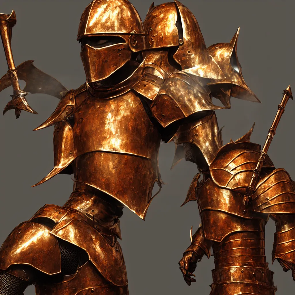 Prompt: of a 3 d rendering realistic illustration of a knight character that has a helmet that is made of copper and gold, beautiful sculpted details, cinematic lighting, this knight is a war lord who roamed the fields in many battles, there is a faint red aura to him displaying a lot of power, volumetric lighting