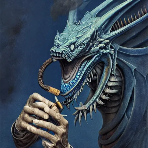 Image similar to A portrait of a blue dragon smoking a pipe, by HR Giger and Greg Rutkowski, highly detailed, portrait, sleek, 8k