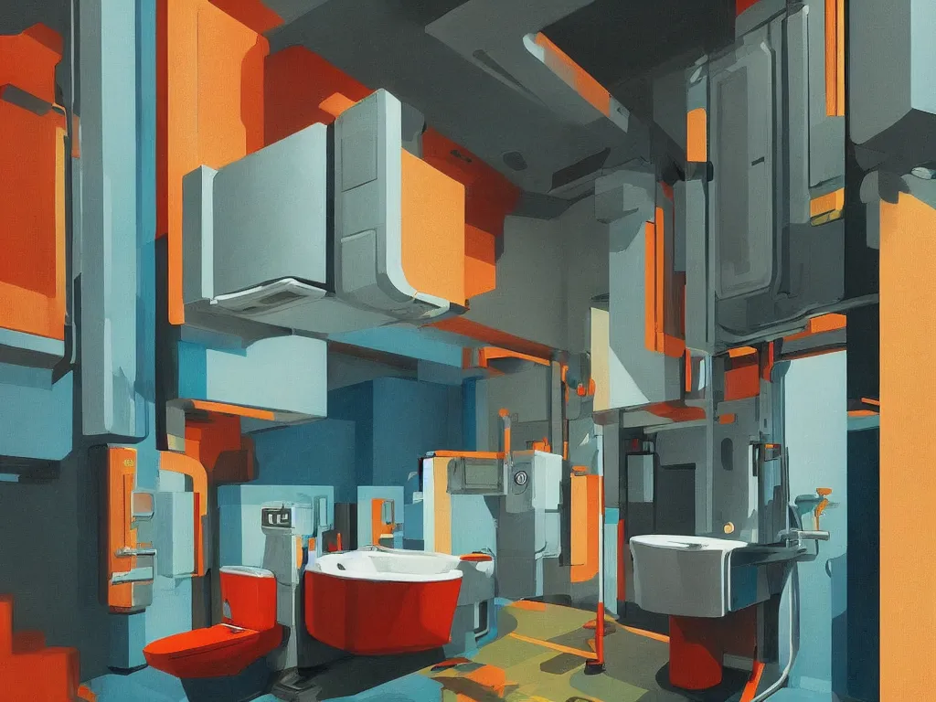 Prompt: colorful minimalist industrial interior toilet with monolithic stalls in the style of ridley scott and stanley kubrick, impossible stijl architecture, science fiction, cyberpunk, ultra wide angle view, cinematic lighting, realistic detailed painting by edward hopper