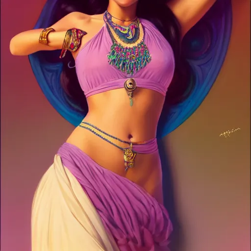 Image similar to wide angle full body portrait of I Dream of Jeannie, with a perfect face and perfect body, thin waist, pierced navel, intricate, single face, psychedelic, highly detailed, digital painting, artstation, concept art, smooth, sharp focus, illustration, Unreal Engine 5, 8K, art by artgerm and greg rutkowski and alphonse mucha
