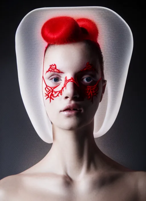 Image similar to portrait of a woman wearing a red embroidered translucent silicone mask and frizzy hair buns, wearing a white bodysuit by alexander mcqueen, white background, soft diffused light, biotechnology, futuristic aesthetic, translucent, ethereal, intricate details, highly detailed, masterpiece,