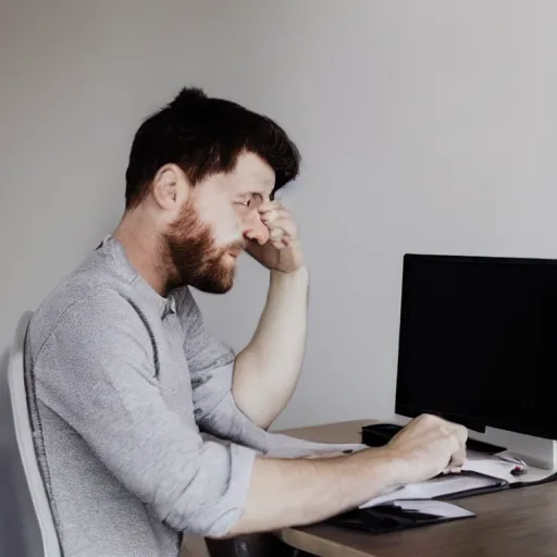 Prompt: photo of man looking at his computer screen, on his computer screen there is an image of troll face