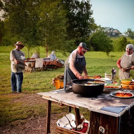 Image similar to old bearded cooking barbeque on the surface if the moon with the earth visible in the background