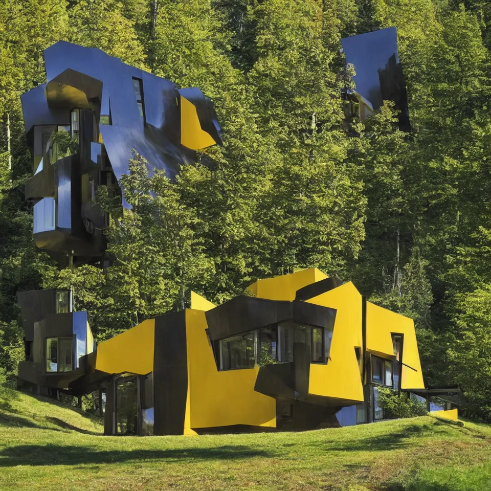 Prompt: a tiny flat horizontal house in the black forest, designed by Frank Gehry. Big tiles. Small wooden pathway . Film grain, cinematic, yellow hue