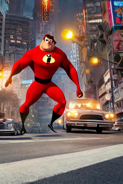 Prompt: film still of mr incredible directing traffic in the the incredibles movie, oil on canvas, intricate, 8 k highly professionally detailed, hdr, cgsociety