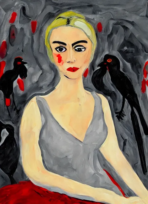 Image similar to a painting of AnnaSophia Robb, frozen cold stare, blood red background and transparent gray dress, crows as a symbol of death, in style of Chaim Soutine and Edward Hopper