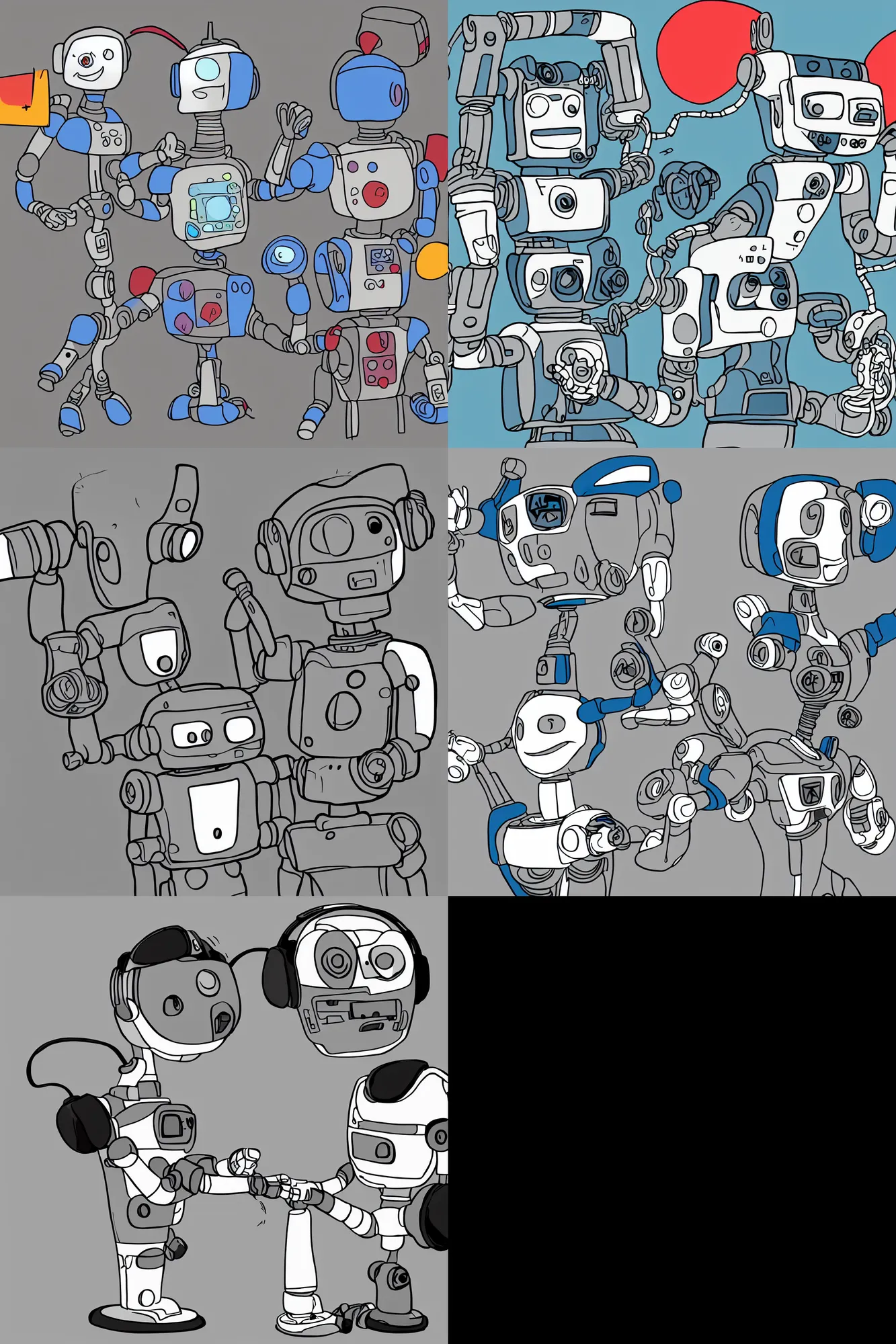 Prompt: a happy robot wearing a headset, answering questions, cartoon style, friendly