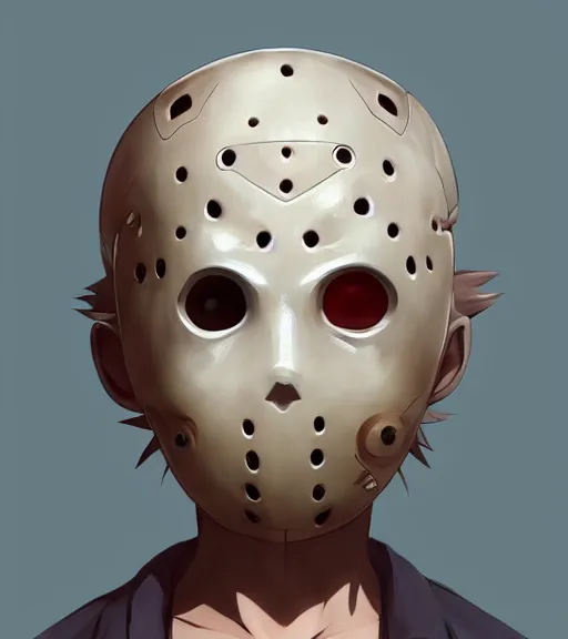 Image similar to beautiful little boy anime character inspired by jason voorhees, art by rossdraws, wlop, ilya kuvshinov, artgem lau, sakimichan and makoto shinkai, concept art, anatomically correct, extremely coherent, realistic, mask, smooth, hd, 8 0 s haircut