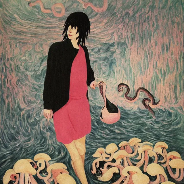 Image similar to tall female emo artist holding a pig's head in her flooded apartment, mushrooms, octopus, water gushing from ceiling, painting of flood waters inside an artist's apartment, a river flooding indoors, pomegranates, ikebana, zen, rapids, waterfall, black swans, canoe, berries, acrylic on canvas, surrealist, by magritte and monet