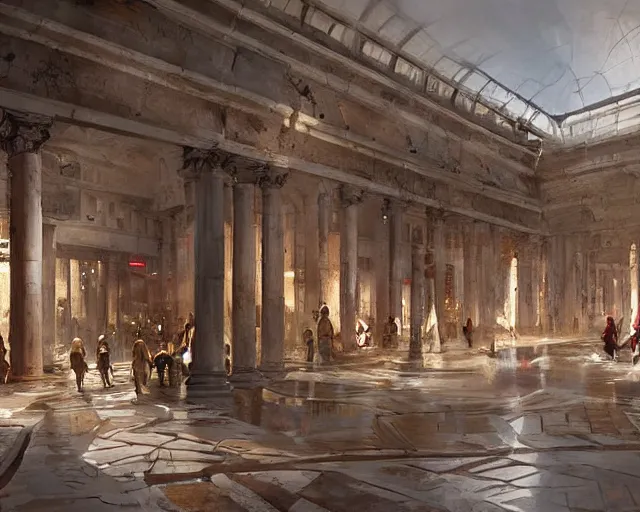 Prompt: a mall in the style of ancient imperial rome cities, art by greg rutkowski and artgerma, stunning concept art, interior design architecture