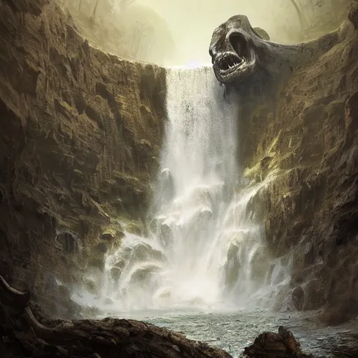 Prompt: crumbling skull of a colossal ancient beast laying in a giant waterfall, by Andreas Rocha + Ted Nasmith, dark, epic, masterpiece, highly detailed, 8k resolution, trending on art station