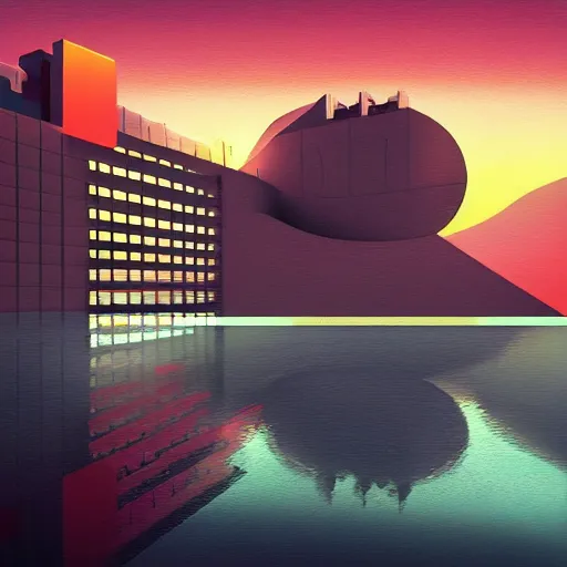 Prompt: surreal brutalism, artstation, low sunset, colorful, great composition,