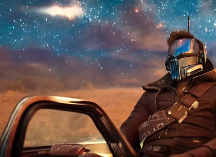 Prompt: a very high resolution image from a new movie, starlord. inside of a car. mountains, falling stars, directed by wes anderson