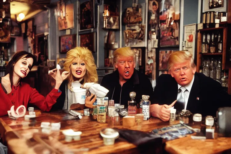 Prompt: Angelina Jolie, boris johnson, The Alien from the movie 'Alien', dolly parton, donald trump are best friends, drinking shots of tequila and snorting cocaine, central perk coffee shop, still photo, hyperrealistic, 35mm, 8k, by weta digital