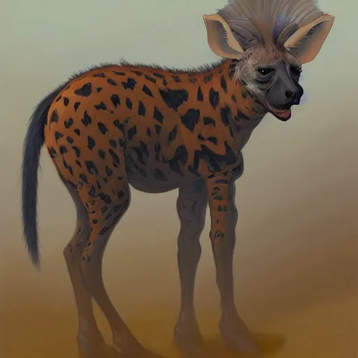 Image similar to painting of a hybrid between a hyena and a giraffe, in the style of wayne barlowe