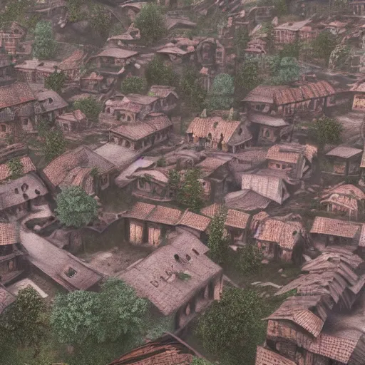 Prompt: the center of a poor medieval town under heavy rain at late dawn, in a valley, surrounded by mountains, highly detailed, octane render, ultra detailed cinematic, 8 k, widescreen, hd