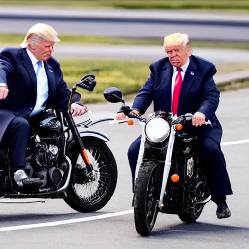 Image similar to joe biden and donald trump riding two seater on a motorcycle bike together, photorealistic, detailed