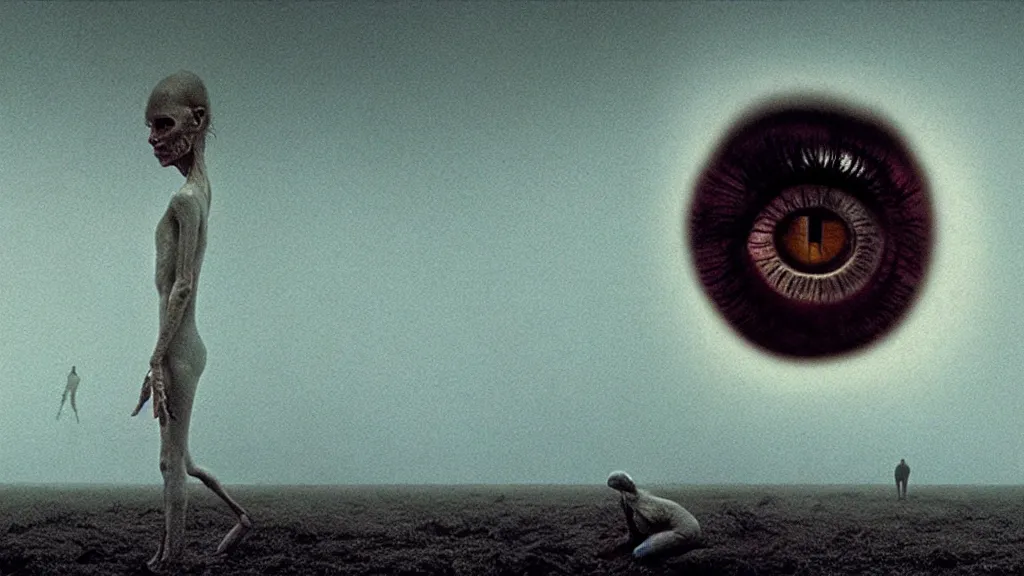 Prompt: the strange creature in my eye, film still from the movie directed by denis villeneuve and david cronenberg with art direction by salvador dali and zdzisław beksinski, wide lens