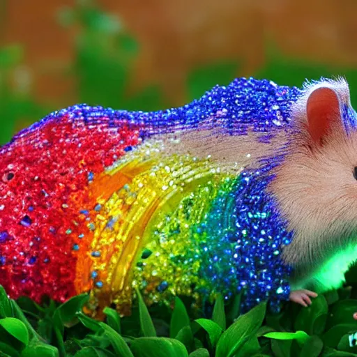 Prompt: rainbow hamster made out of gems, crystals, 8k, hd, vibrant