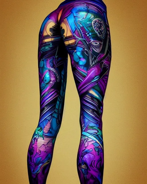 Image similar to Perfect leggings pattern imitating tattoos, focus on colorful pants, completely frontal and 100 percent symmetrical close-up on legs, highly detailed, digital painting, artstation, concept art, smooth, sharp focus, illustration, art by Artgerm and Hajime Sorayama
