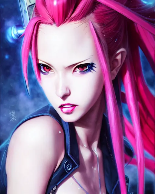 Image similar to portrait Anime jinx from league of legends grunge punk sharp fine-face, pretty face, realistic shaded Perfect face, fine details. Anime. Grunge realistic shaded lighting by katsuhiro otomo ghost-in-the-shell, magali villeneuve, artgerm, rutkowski Jeremy Lipkin and Giuseppe Dangelico Pino and Michael Garmash and Rob Rey