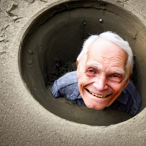 Prompt: a smiling old man in a sewer