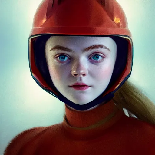 Prompt: portrait of a elle fanning wearing a translucent blood orange helmet with rays of light shining through it, detailed realism face in painting, detailed beautiful portrait, oil painting masterpiece, 8 k resolution, smooth, sharp focus, trending on artstation, by rembrandt