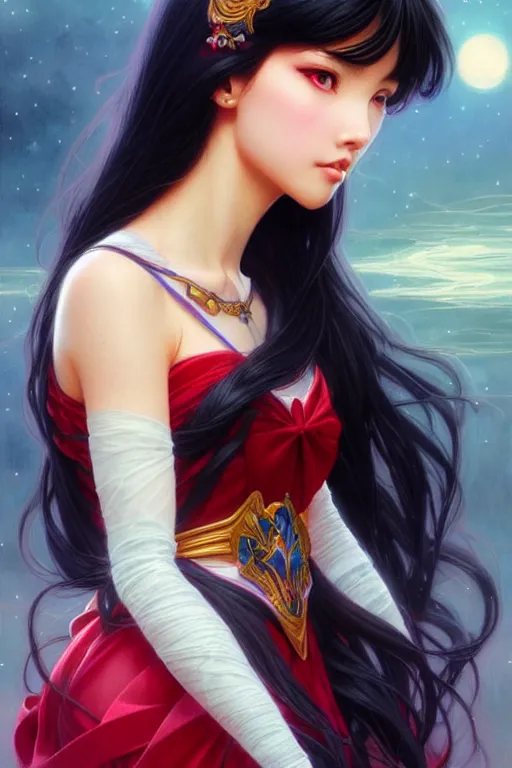 Image similar to a beautiful princess, long black hair and bangs, sailor mars aesthetic, fantasy, intricate, elegant, highly detailed, digital painting, artstation, concept art, matte, sharp focus, illustration, art by Artgerm and Greg Rutkowski and Alphonse Mucha