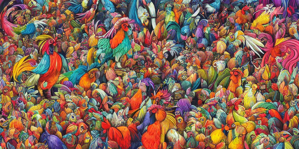Image similar to colorful illustration of a million fighting roosters, mix of styles, collage of styles, abstract, surreal, intricate, highly detailed, matte colors