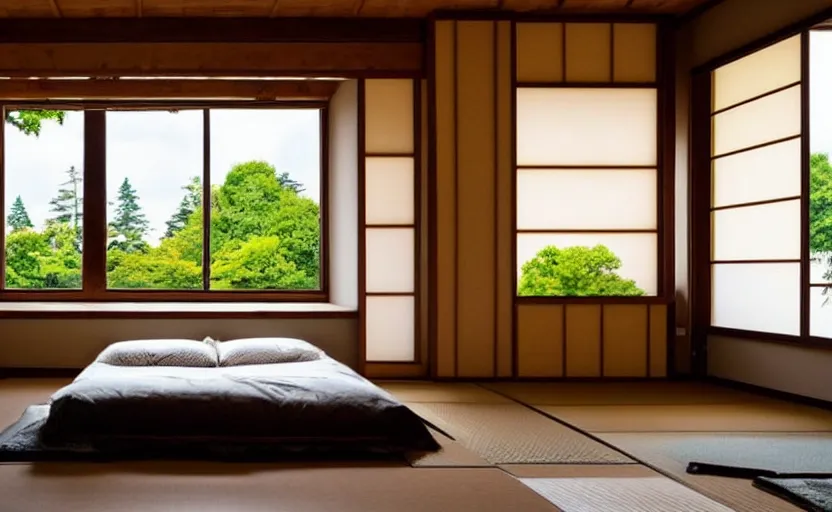 Image similar to bedroom in japanese style, rustic wood, bright, one large window in the back with a view of a forest, green walls, zen, feng shui, minimalistic, retro design, swedish design