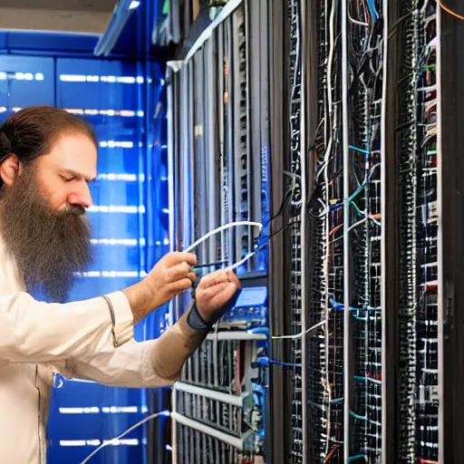 Prompt: a wise beared sysop fixing a linux server, gnu, stallman, RMS, server rack, data centre, ethernet cable, wise man, gandalf